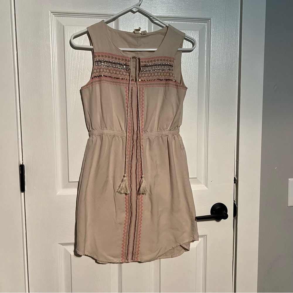 Chic Beige Embroidered Mini Dress